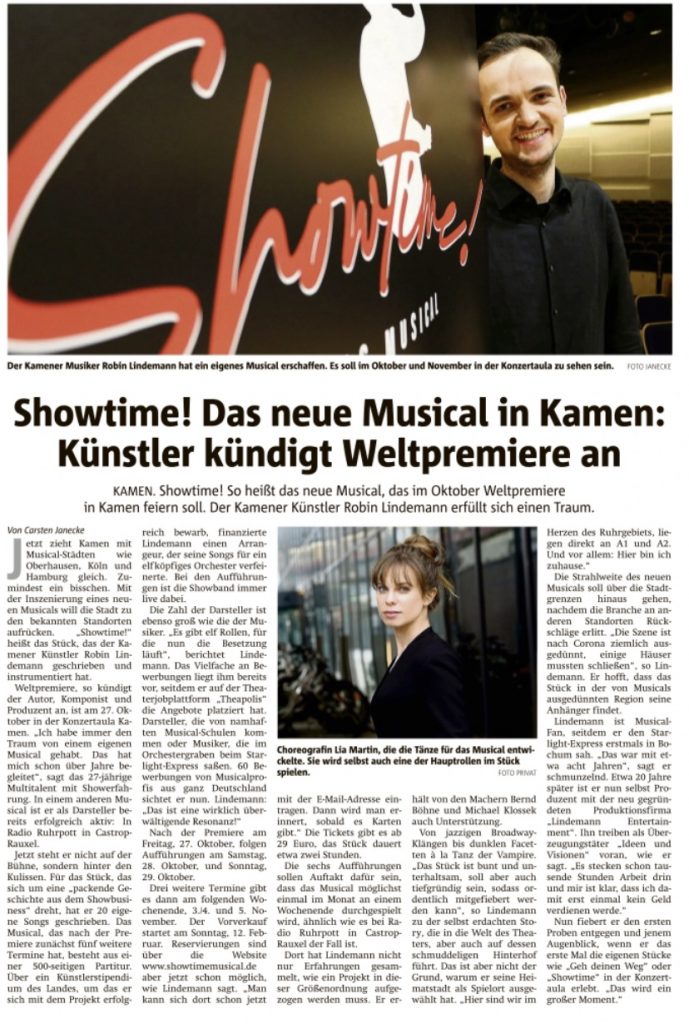 Ein Zeitungsartikel über SHOWTIME!-Das Musical im Hellweger Anzeiger Kamen.