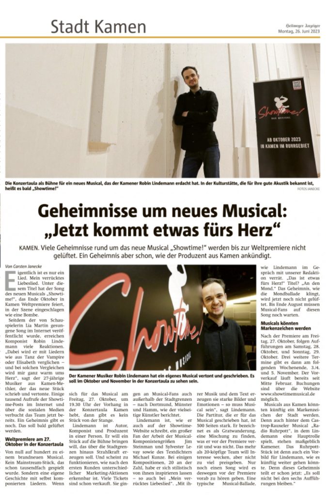 Artikel über SHOWTIME! in der Lokalzeitung Hellweger Anzeiger.